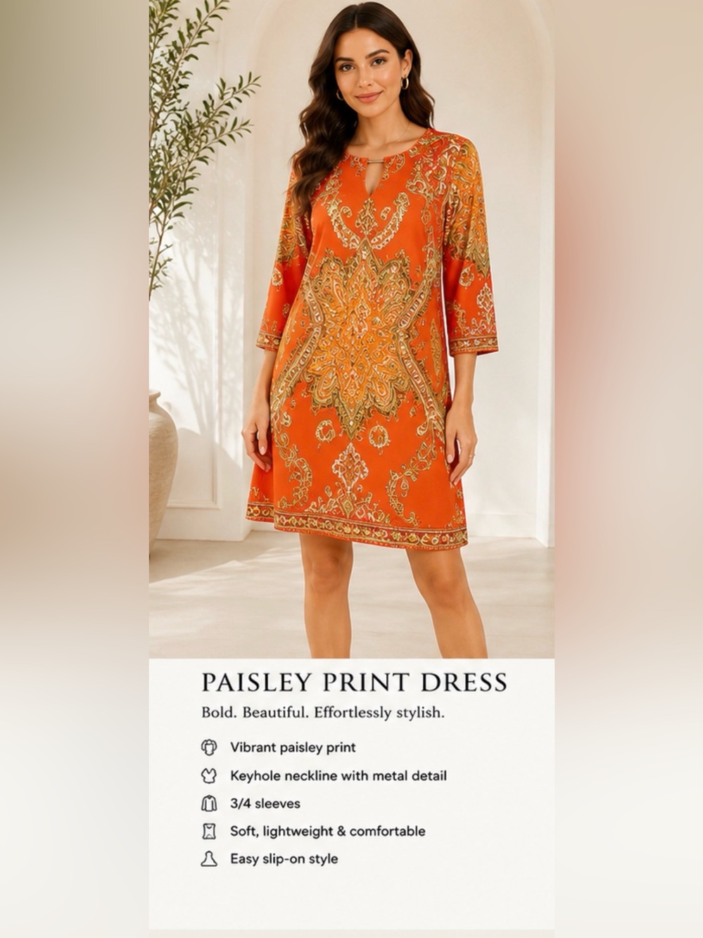 Coral Paisley Print Keyhole Shift Dress